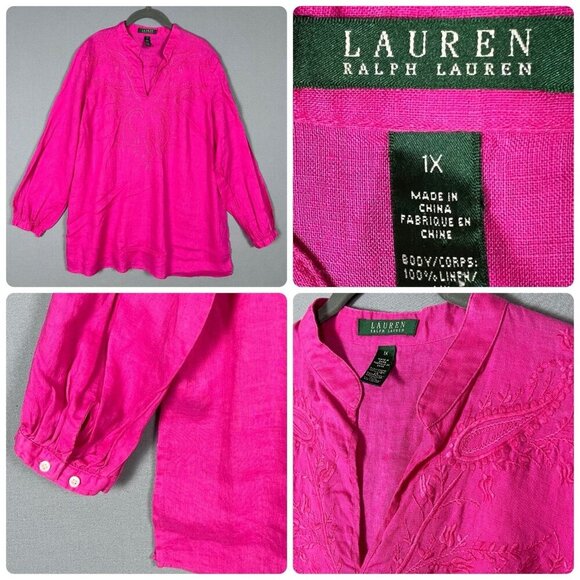 Ralph Lauren LRL 100% LINEN Tunic EMBROIDERED Women's Size 1X Long Sleeve Shirt - Picture 1 of 12